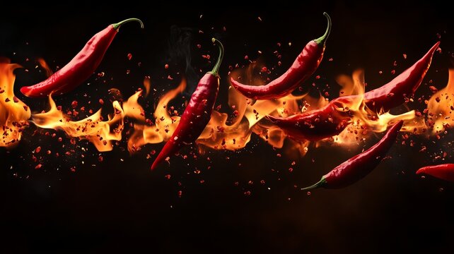 Spicy hot chili red peppers flying through fire flames against dark background, concept of extremely hot food, heat, intensity, bold flavors.