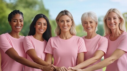 Diverse group of women smiling and standing together outdoors in matching pink shirts.