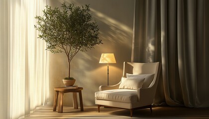 Fototapeta premium Cozy Armchair With Cushions, Decorative Olive Tree, And Coffee Table By Light Curtain In Living Room For Ultimate Relaxation And Style.