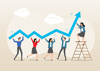 businessman and woman employee team help grow rising arrow chart