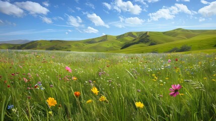 Fototapeta premium A vibrant spring landscape rolling green hills, blooming wildflowers, and a bright blue sky