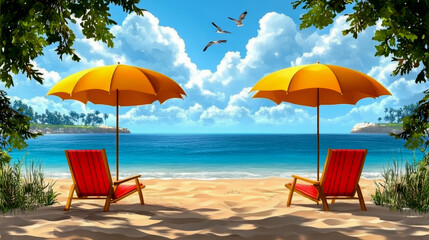 Two beach chairs under yellow umbrellas on a sandy shore, with birds flying above a clear blue ocean