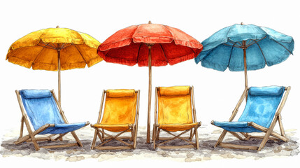Watercolor painting of beach chairs under red, blue, and yellow umbrellas on a sandy beach