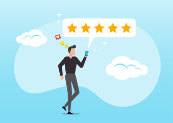 satisfied man holding mobile giving 5 stars rating feedback