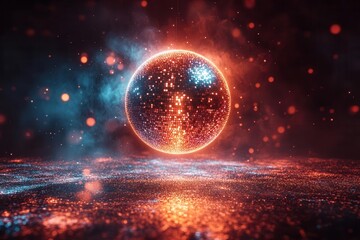 glittering disco ball suspended in dark space reflecting dazzling beams of multicolored light dynamic energetic composition with swirling patterns and lens flares aigenerated party atmosphere