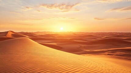 A serene desert landscape at sunset, showcasing rolling sand dunes and warm colors.