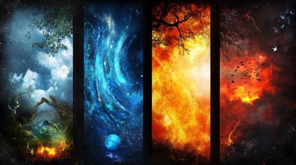 This vibrant and dynamic artwork illustrates the four elements of nature - earth, water, fire, and air - each represented in a distinct and vivid quadrant signifying harmony and balance.