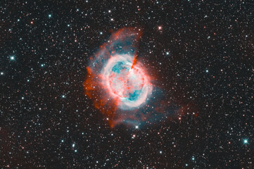 Dumbbell nebula or called Messier 27, in the Vulpecula constellation, taken with my telescope, using narrowband filters.