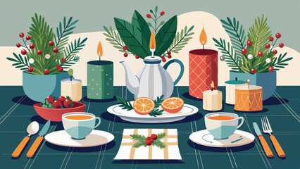Fototapeta premium Elegant Holiday Table Setting with Eco-Friendly Tableware and Fresh Greenery 