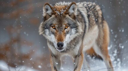 Obraz premium A fierce wolf moves silently through the snowy terrain, its gaze unwavering and determined. The icy landscape accentuates the wolf’s predatory instincts and the harsh beauty of its environment.