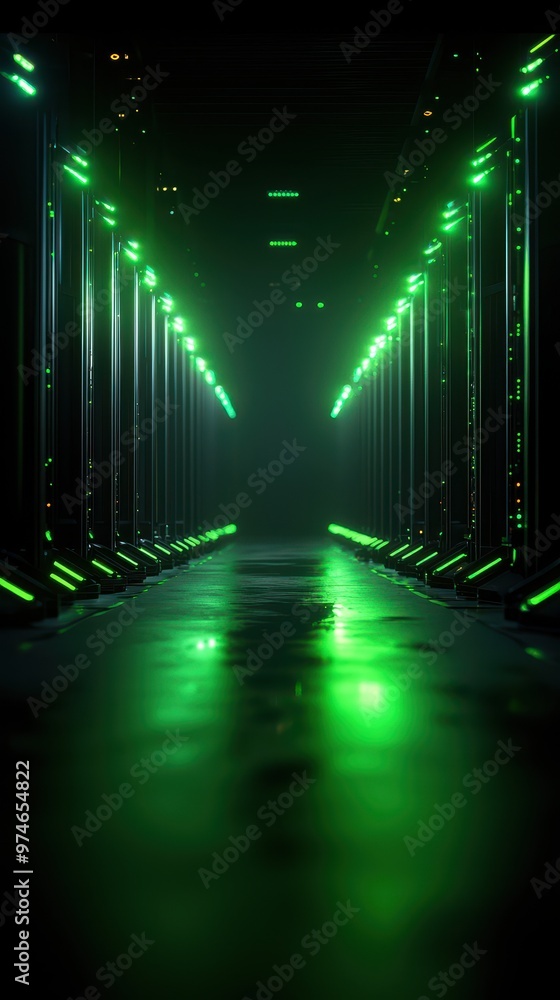 Poster a dimly lit server room with rows of servers illuminated by green lights, suggesting a high-tech and