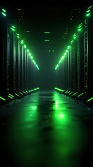 A dimly lit server room with rows of servers illuminated by green lights, suggesting a high-tech and futuristic environment.