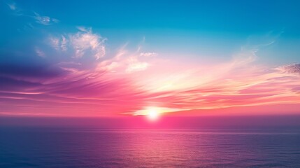 Fototapeta premium Minimalist Background: Dramatic Sunset Over a Beach Horizon with Soft Blue and Red Gradients 