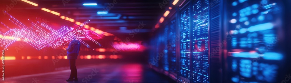 Poster a futuristic server room glowing with vibrant neon lights and holographic displays, reflecting advan