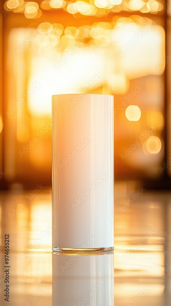 Poster A sleek white cylindrical object is displayed against a golden blurred background with bokeh and warm sunlight, creating a modern and elegant composition.