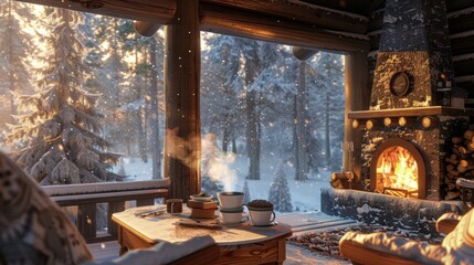 Charming winter cabin retreat with cozy fireplace and steaming hot cocoa amidst snowy trees