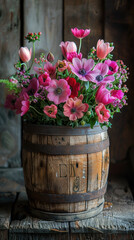 Charming arrangement of colorful flowers in a rustic barrel, embodying the joy and beauty of spring in a delightful decor piece.