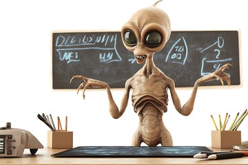 Alien Student Teaching Math on a Tablet in a Classroom