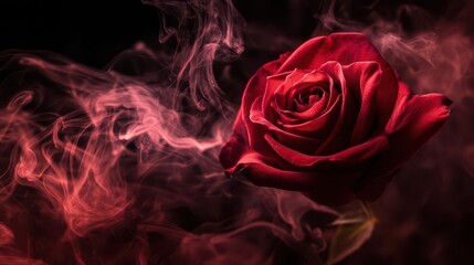 Naklejka premium dramatic closeup of deep red rose enveloped in swirling tendrils of smoke against pitchblack background creating mysterious allure