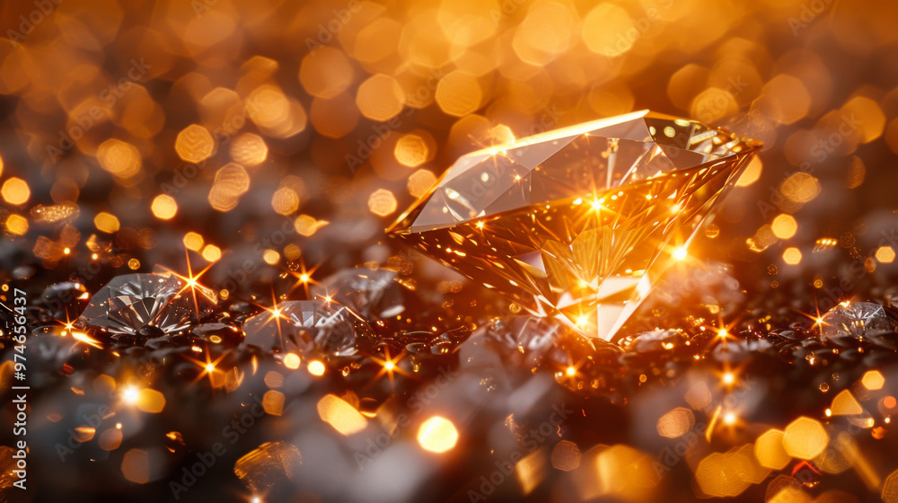 Poster a diamond sparkles brightly on a dark, textured surface, illuminated by warm light creating a mesmer