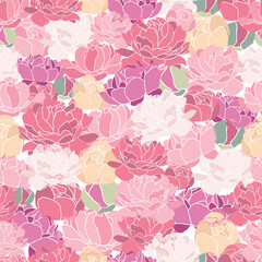A vibrant floral pattern featuring various peonies in shades of pink, cream, and green for decorative use.