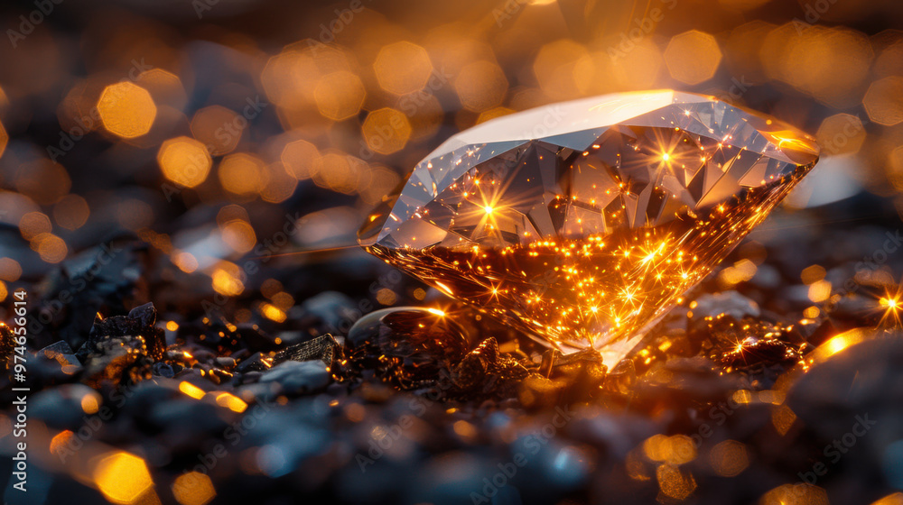 Poster a diamond sparkles brightly on a dark, textured surface, illuminated by warm light creating a mesmer