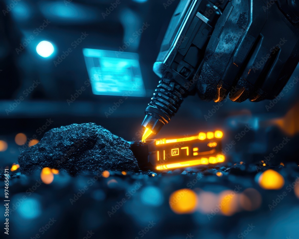 Aufkleber Close-up of futuristic device working with glowing digital interface, neon lights, and advanced technology in a dark environment.