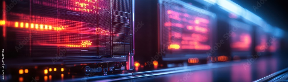 Poster contemporary data center servers with vibrant red led lights. modern technology, network infrastruct