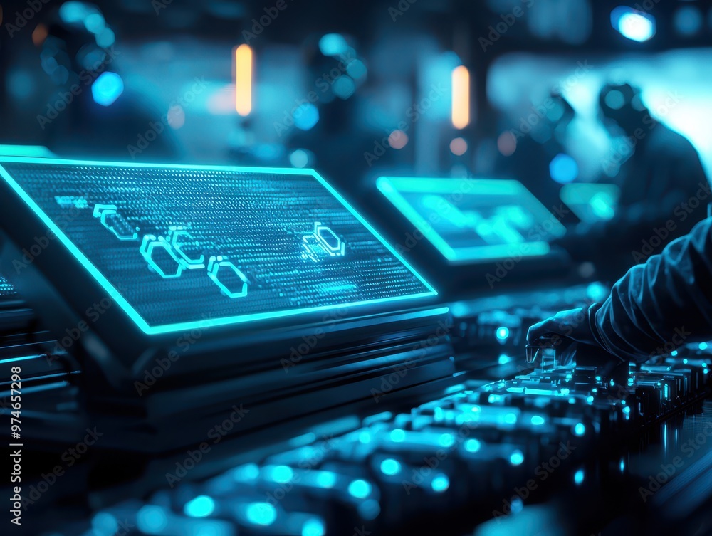 Poster cutting-edge technology interface in a modern control room with futuristic displays. high-tech envir