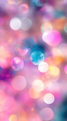 Vibrant bokeh lights in soft pastel colors with pink, blue, and purple tones, creating a dreamy and...