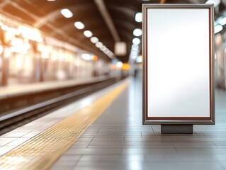 Empty billboard in a modern subway station with blurred background. Ideal for advertisements, promotional content, or urban themes.