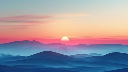 Fototapeta premium Minimalist Background: Dramatic Sunset Over a Beach Horizon with Soft Blue and Red Gradients 