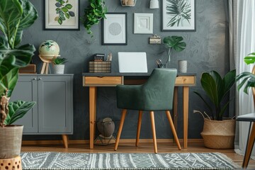 Stylish Scandinavian Desk with Black Granite Top, Light Wood Legs, and Metal Basket in Modern Home Office