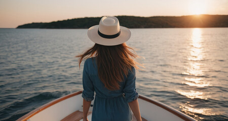 Fototapeta premium Girl on a boat with her back out to sea 