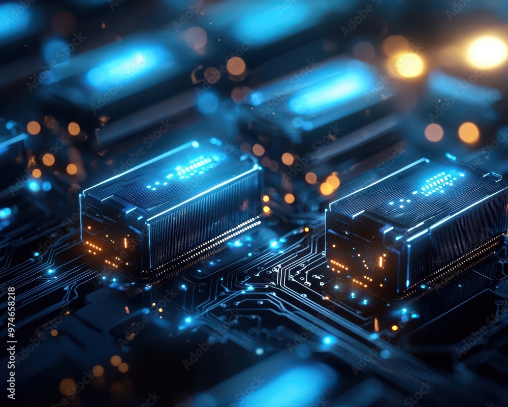 Fototapete futuristic circuit board with glowing blue data blocks, representing advanced technology and digital