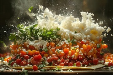 gourmet deconstructed taco art installation ingredients suspended midair vibrant colors and textures culinary creativity meets modern aesthetics gastronomic wonder