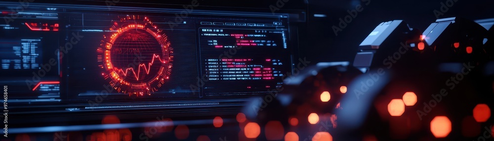 Aufkleber Futuristic control room with glowing red interface and holographic displays, depicting high-tech environment and advanced technology.