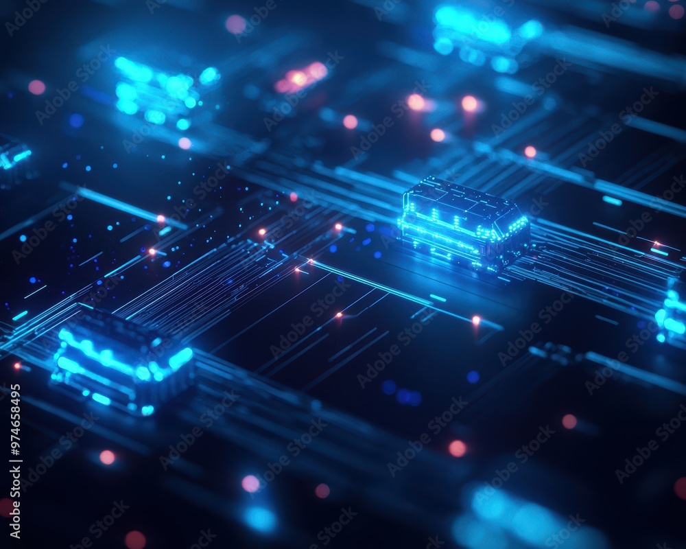 Leinwandbilder Futuristic digital circuit board with glowing blue and red lights, representing advanced technology and networking concept.