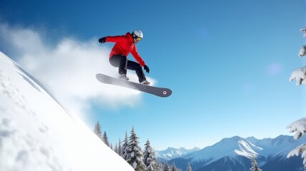 Snowboarder Performing an Airborne Trick, Surrounded by Snow Spray Soaring High Against a Clear Blue Sky. With Background Snow-covered Mountains and Pine Trees Extreme Snowboarding