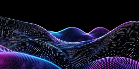 Abstract glowing wave of particles in vibrant purple and blue hues, creating a futuristic and dynamic digital landscape against a dark background