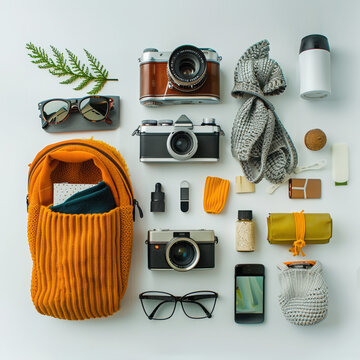 backpack camera sunglasses lens smartphone film travel bag photography accessories vintage camera dial phone eyewear notebook roll film digital device 
