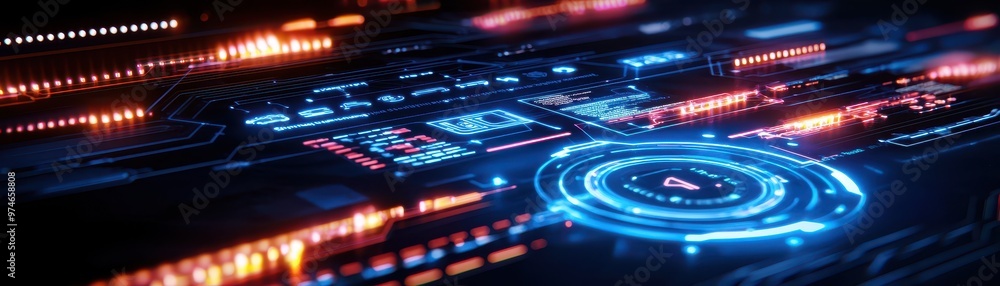 Aufkleber Futuristic digital interface with glowing circuits and data elements. Perfect for technology, innovation, and cyberspace concepts.