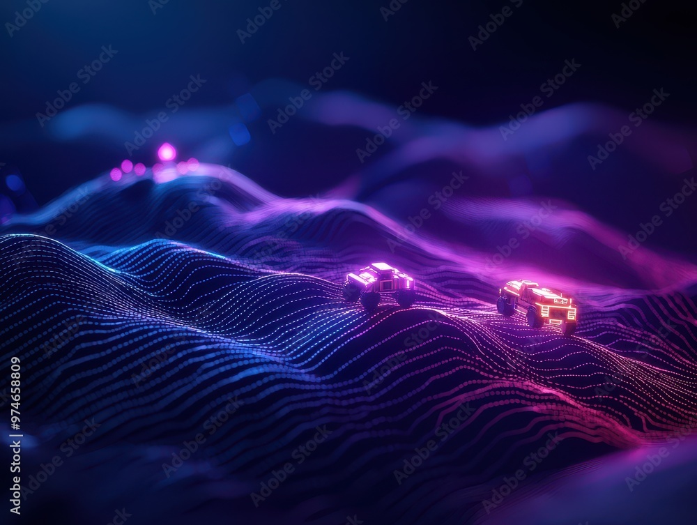 Poster futuristic digital landscape with glowing neon lights and grid-like 3d terrain, representing technol