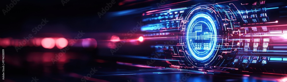 Poster Futuristic digital technology background featuring bright glowing lights and intricate data patterns in vibrant blue and pink hues.