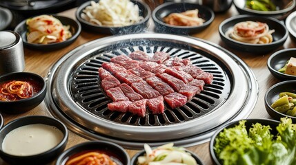 Stylish Korean BBQ restaurant interior with a focus on the grill embedded in the table Beef is being cooked