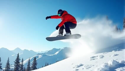 Snowboarder Performing an Airborne Trick, Surrounded by Snow Spray Soaring High Against a Clear Blue Sky. With Background Snow-covered Mountains and Pine Trees Extreme Snowboarding
