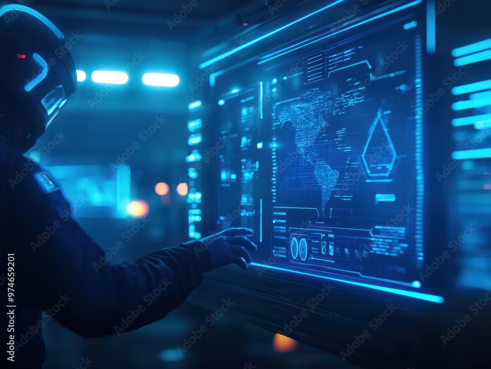Fototapete futuristic interface with person in helmet interacting with digital display in dark room filled with