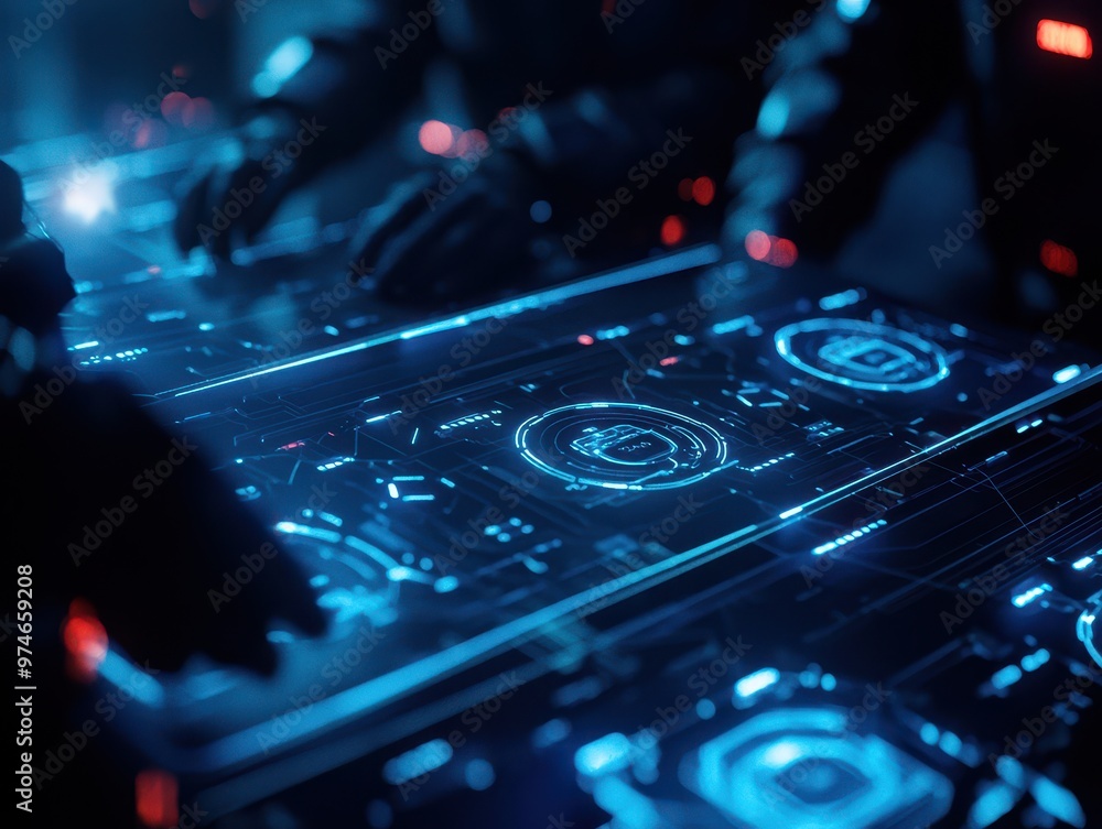 Aufkleber Futuristic interface with holographic elements, highlighting technology in a dark, high-tech environment with hands interacting with displays.