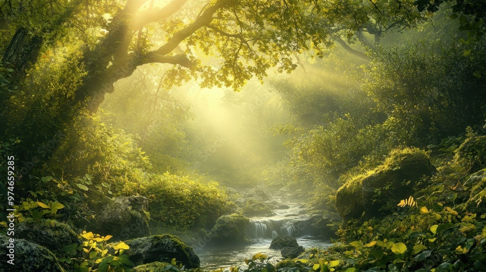 Poster a serene forest scene with sunlight filtering through trees and a gentle stream.