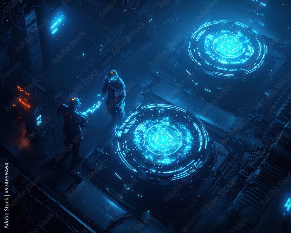 Poster futuristic scene with two figures interacting near glowing holographic interfaces in a high-tech lab